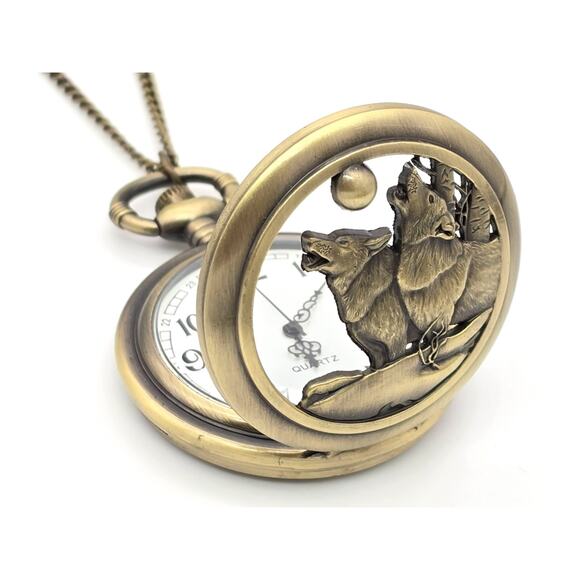 Howling Wolf Pocket Watch - Full Moon Wolves Nature Gift Werewolf Scout Award - Picture 2 of 10